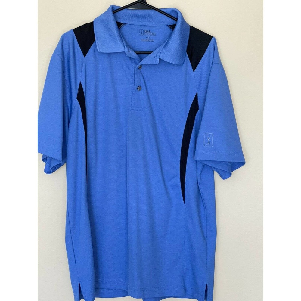 Men's PGA Tour Golf Polo Shirt Size Large Short Sleeve Blue With Black‎ Striping